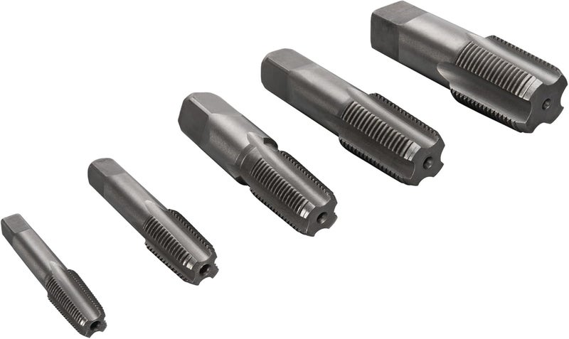 Performance Tool W86950 5 pc. Pipe Tap Set: 1/8 to 3/4-in NPT Sizes, Straight Flute to Remove Chips, Carbon Steel Construction, Comes with Blow-Molded Case, for Plumbing, Automotive and Household - Image 1